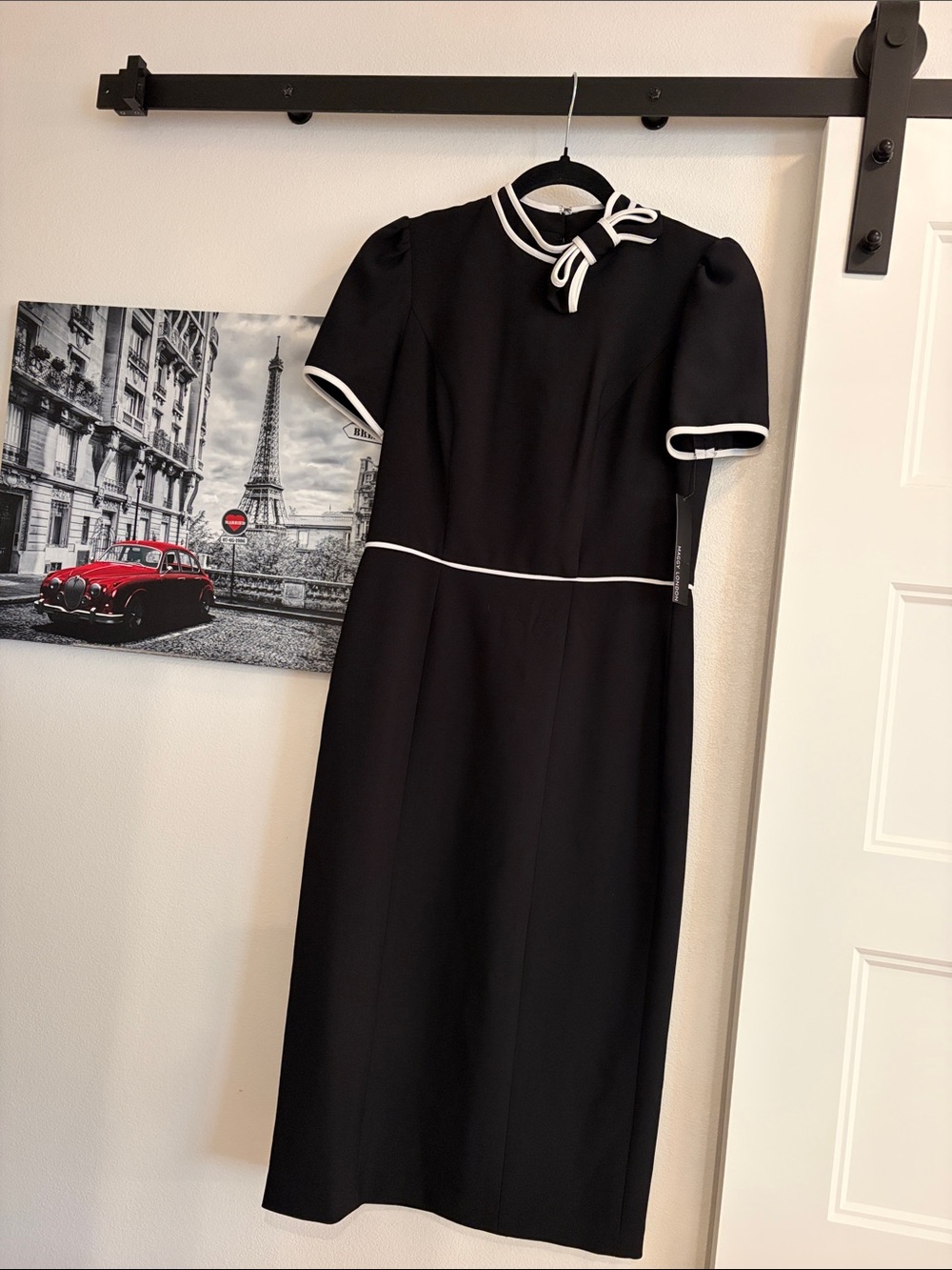 Maggy London Black Midi Dress with White Trim and Tie Neck